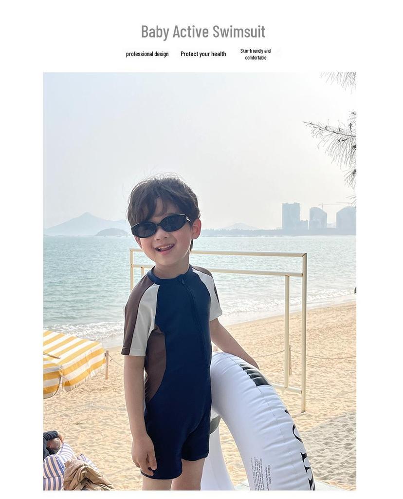 Новый детский купальник-боди для мальчиков в корейском стиле, черно-белый, с цветными блоками - быстросохнущий и с защитой от солнца