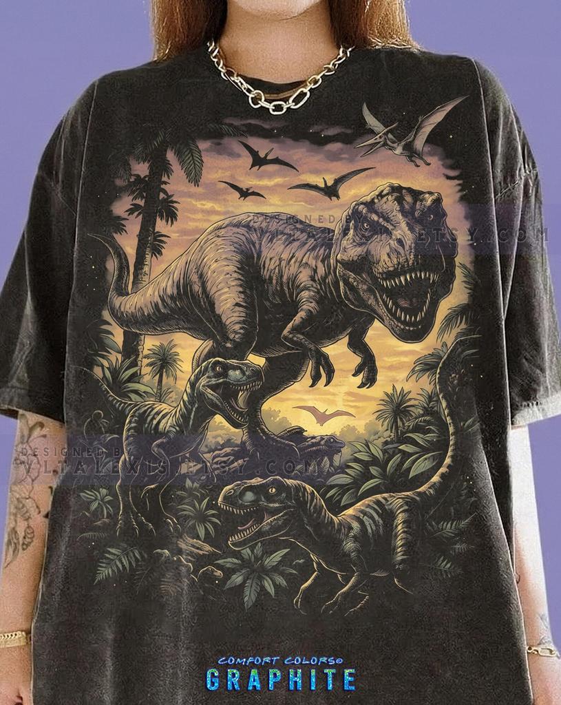 T-Rex & Velociraptor Jungle Dinosaur Comfort Colors® T-Shirt, Vintage Bootleg 90s Tee