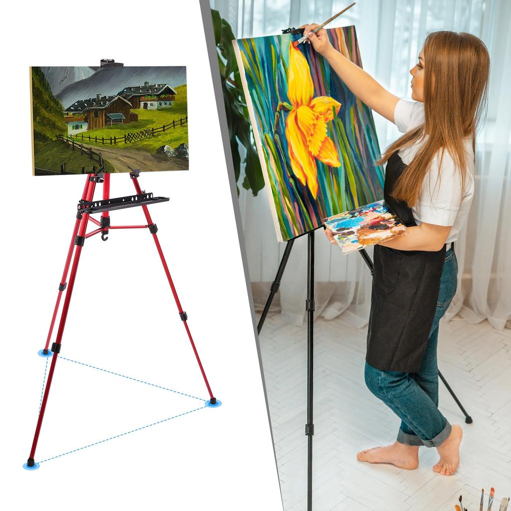 PATIKIL Artist Easel Stand, Canvas Painting Easel with Removable Tray, 20-61 Inch Adjustable Metal Tripod Stand (Tabletop/Floor), Red