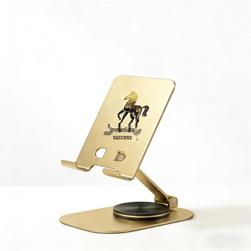 Carbon Steel 360° Rotating Phone Holder with Tablet Stand and Wealth Horse Figurine