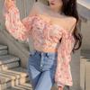 Женская шифоновая рубашка с открытыми плечами и бретельками, топ с цветами, милая футболка