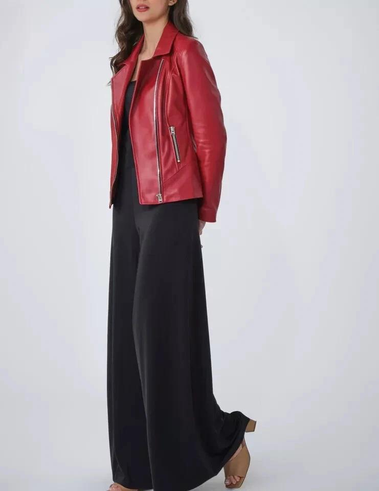 Красная женская стильная куртка из натуральной овчины, мягкая кожаная дизайнерская байкерская куртка