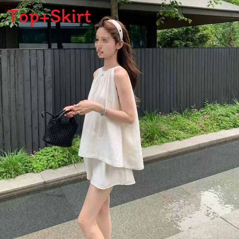 Girl Summer Casual Sets With Linen Fabric For Women Lightweight Sleeveless Tank And Shorts Outfit