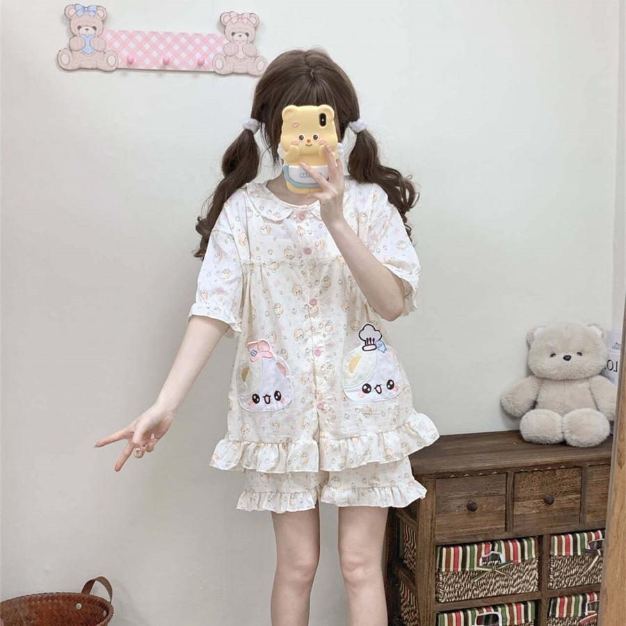 Soft cute girl doll collar open bear pajamas women's summer short-sleeved shorts two-piece set student dormitory loungewear