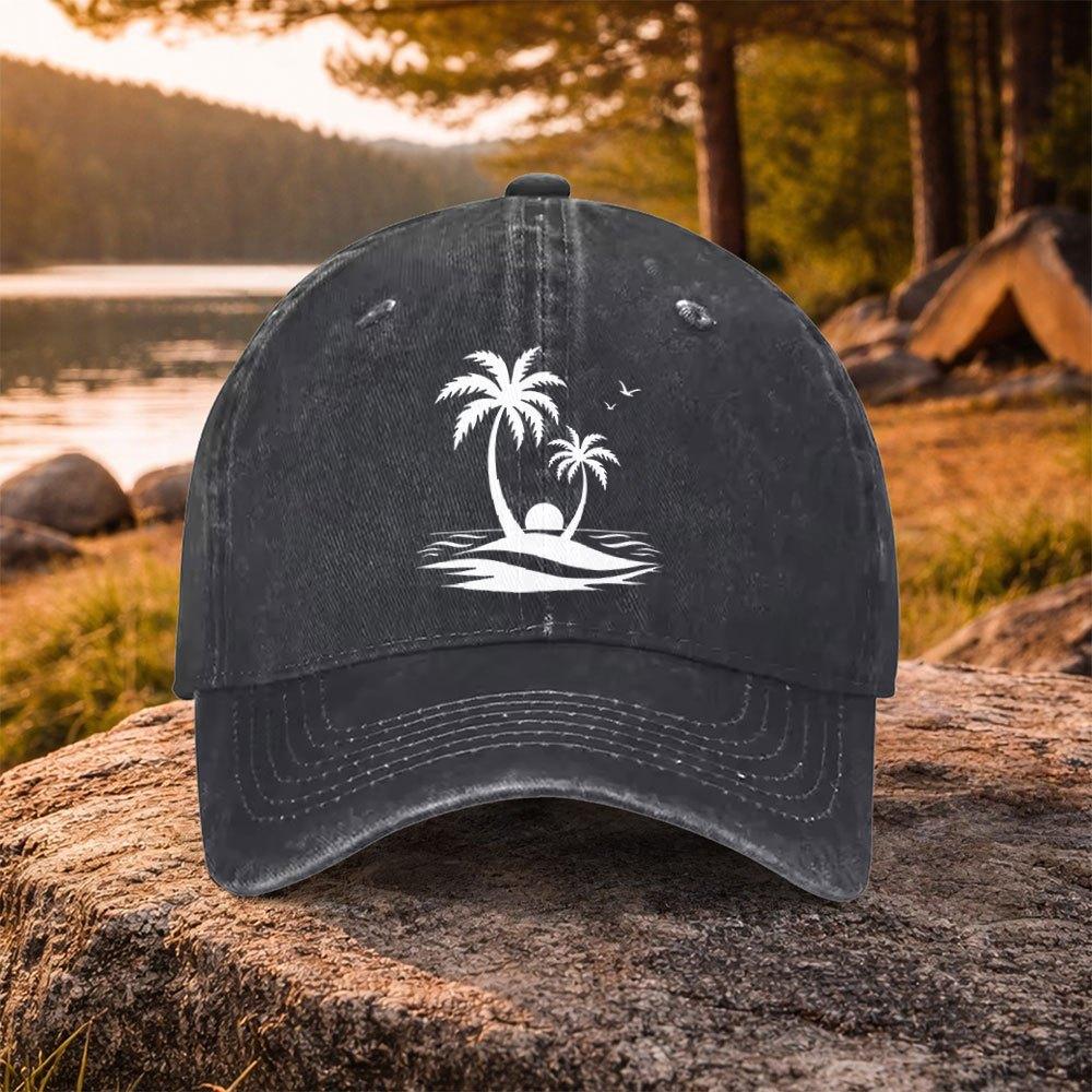 Coconut Tree Island Print Washed Baseball Cap Unisex Duckbill Cap for Golf Casual Outdoor Daily Wear
