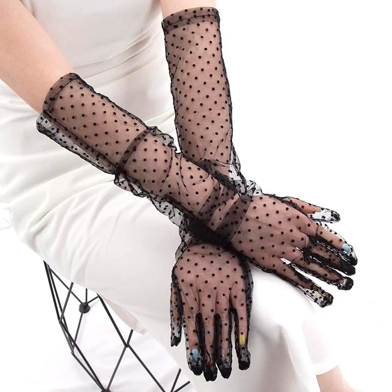 1-4Pair Fashion Women Black White Dot Lace Long Tulle Gloves Bride Wedding Stretchy Full Finger Transparent Thin Lady Mesh Glove