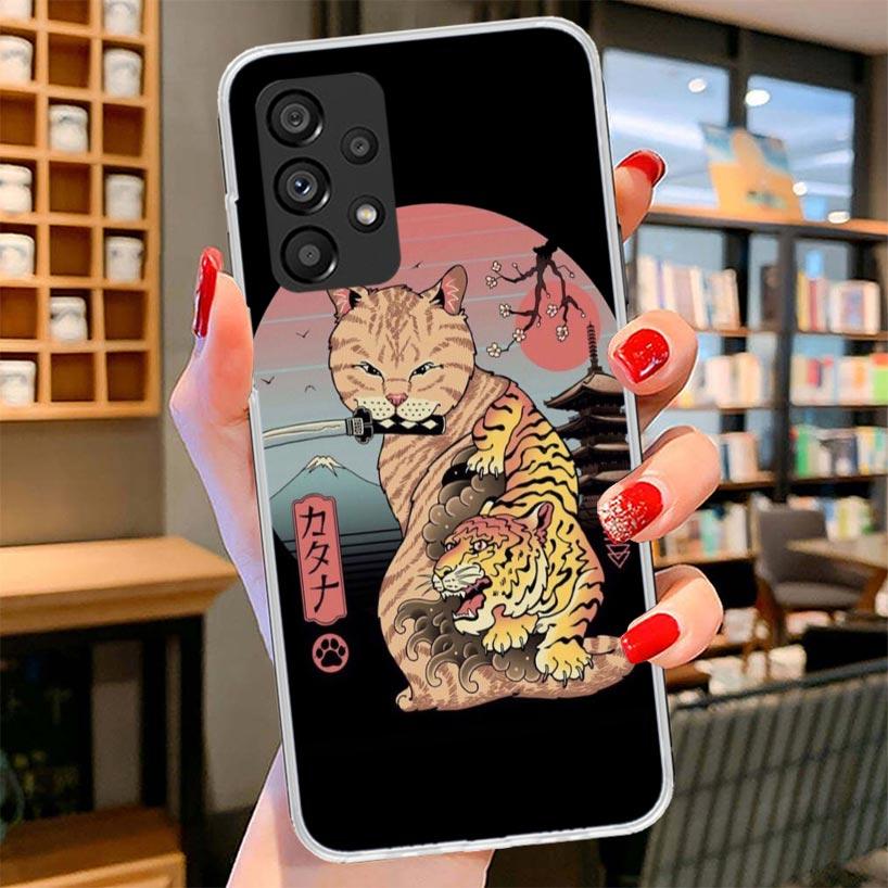 Ramen Sushi Samurai Tattoo Cat Phone Case For Samsung Galaxy A17 A37 A57 A16 A26 A36 A56 A15 A25 A35 A55 A14 A24 A34 A54 A13 A23