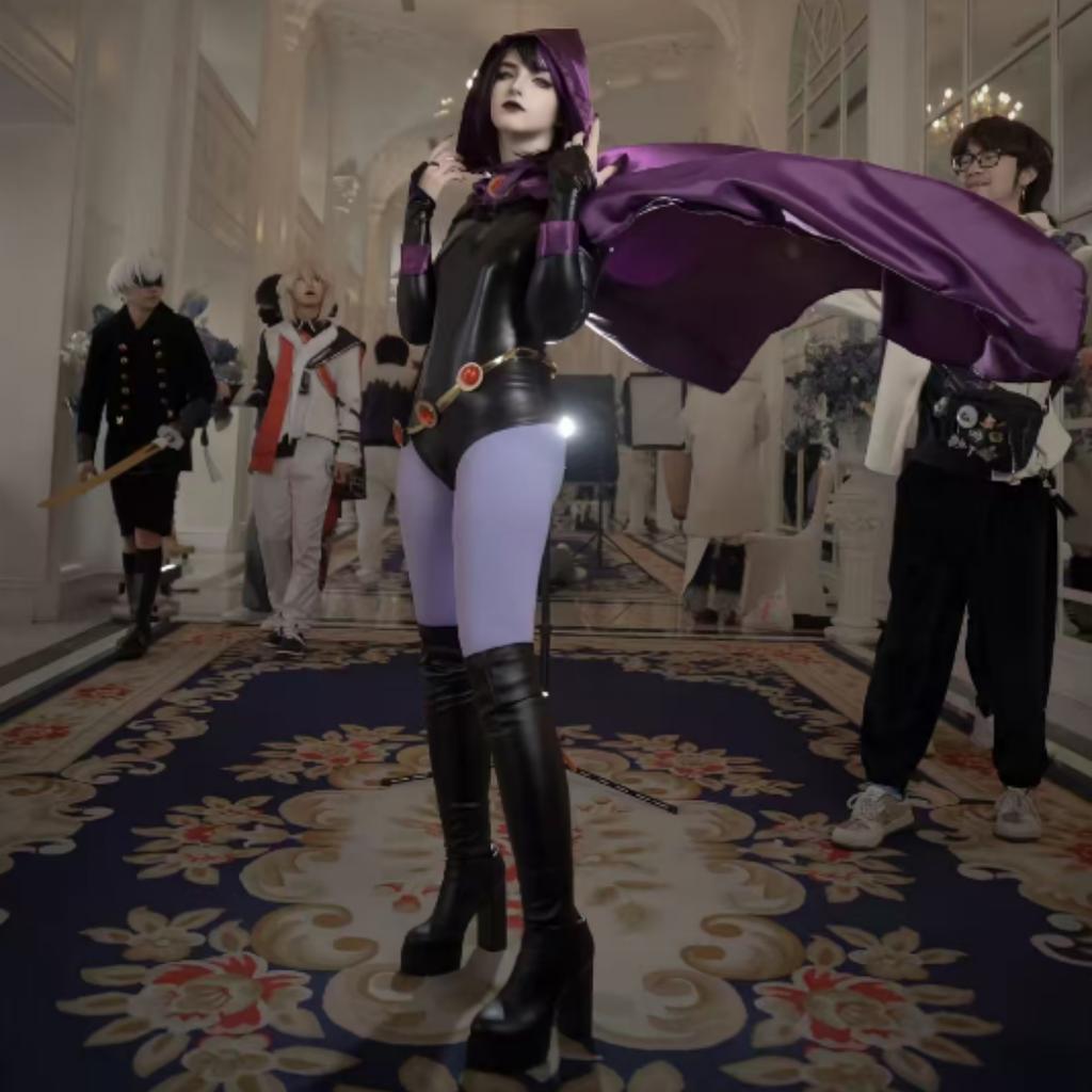 Костюм для косплея Raven из Teen Titans, женский костюм, боевое тело Magic Girl, комплект с фиолетовым плащом с капюшоном