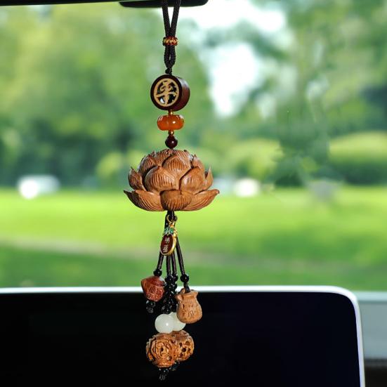 Wooden Pendant Car Ornament with Lanyard Easy To Hang Retro Engraved Lotus Car Pendant Rearview Mirror Decoration