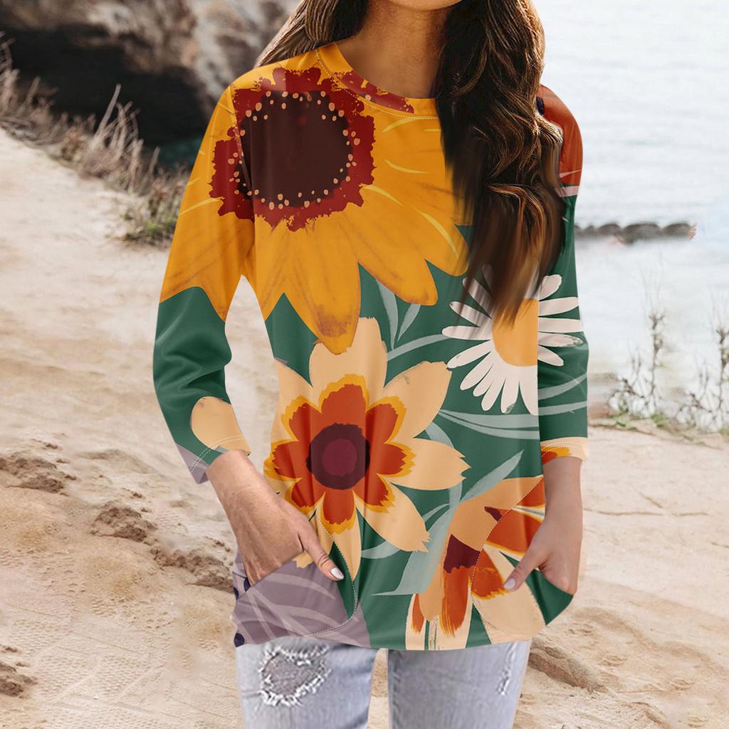 Женская модная повседневная футболка с карманом и круглым вырезом с рукавами 3/4 и топом