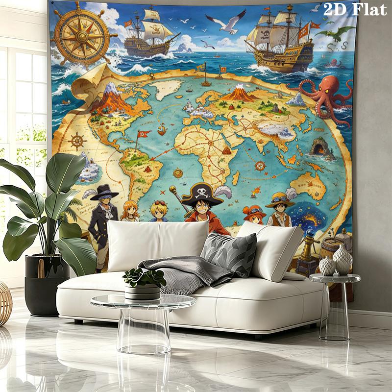 Vintage Pirate Treasure Map Tapestry, Anime Characters Wall Hanging Tapestry for Bedroom Living Room Wall Decor