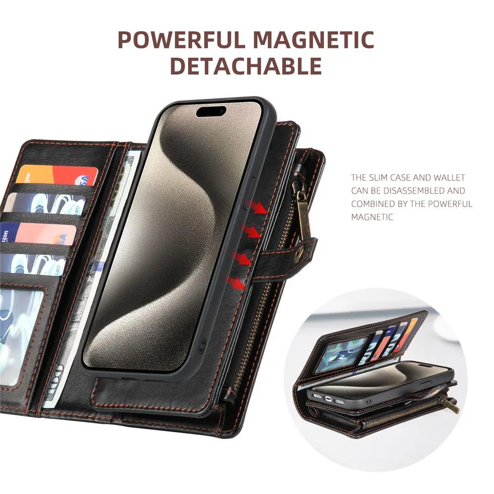 2 in 1 Detachable Cards Solt Zipper Purse Wallet Case For iPhone 16 Pro Max 15 14 Plus 13 12 11 XS X Magnetic Flip Leather Case