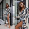 Autumn New V-Neck Fashion Painted Printing Wrap Split Sleeve Long Sleeve Dress Women