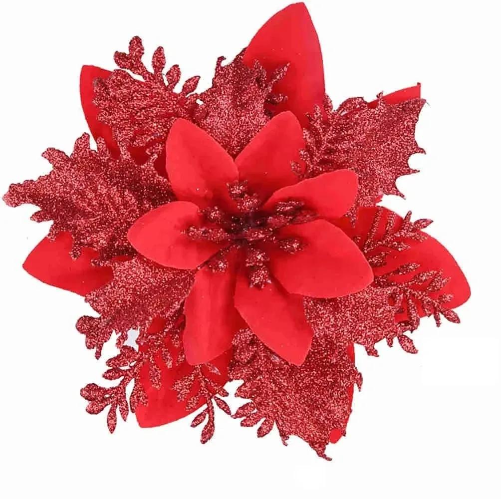 10pcs Christmas Glitter Flowers Fake Flower Christmas Tree Decorations for Home 2025 Tree Pendant Ornaments Navidad