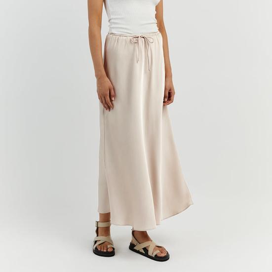 Women Skirt Silky Satin High Waist Drawstring Elastic Solid Color Ankle Length A-line Soft Breathable Casual Lady Maxi Skirt