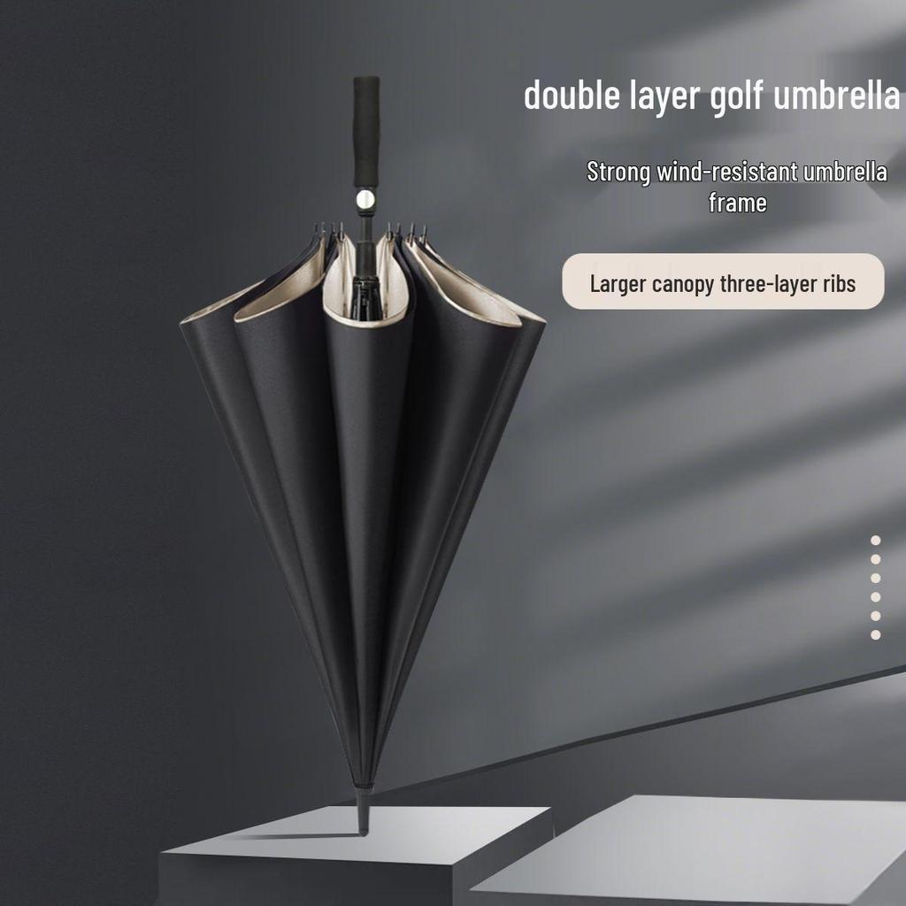 Мужской очень большой двухслойный зонт с длинной усиленной ручкой для двух или трех человек, штормоустойчивый и прочный.