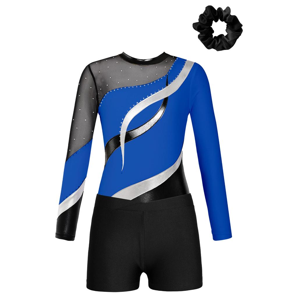 Девочки Дети Блестки Металлический Гимнастический Купальник с Шортами Танцевальный Комбинезон Бикетард Одежда Для Танцев