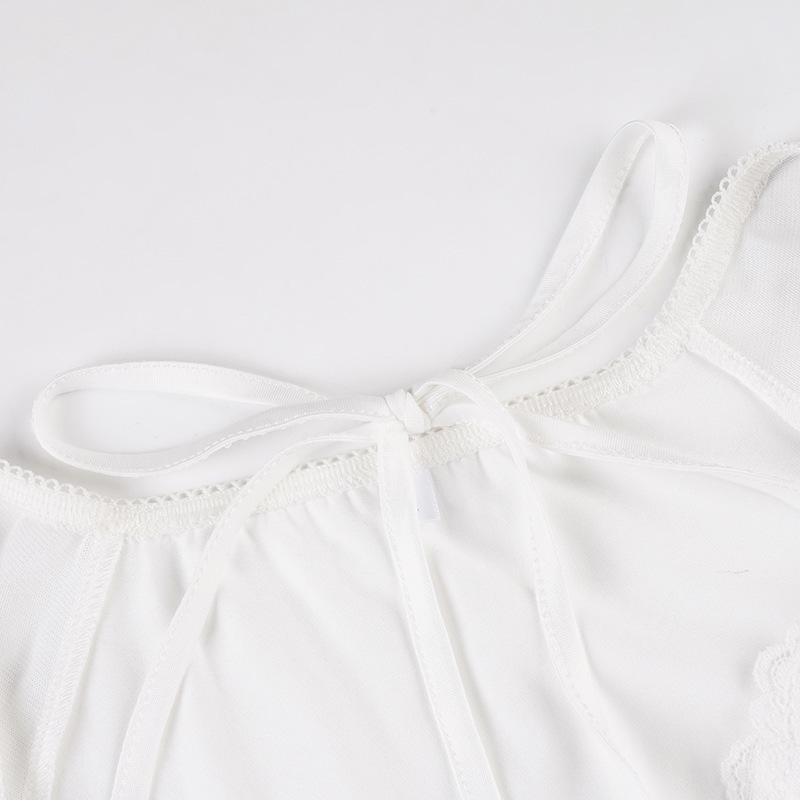 Стильный женский белый комплект из двух предметов с сетчатыми вставками, пэчворком и отделкой воланами, с прозрачным топом с длинным рукавом