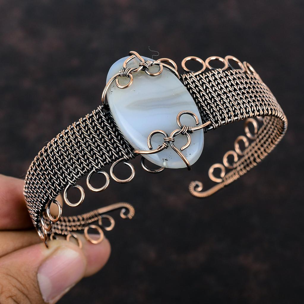 Botswana Agate Copper Bangle Copper Wire Wrapped Jewelry Handmade Gemstone Cuff Bracelet Adjustable Bangle Copper Wire Bangle Gift For Women