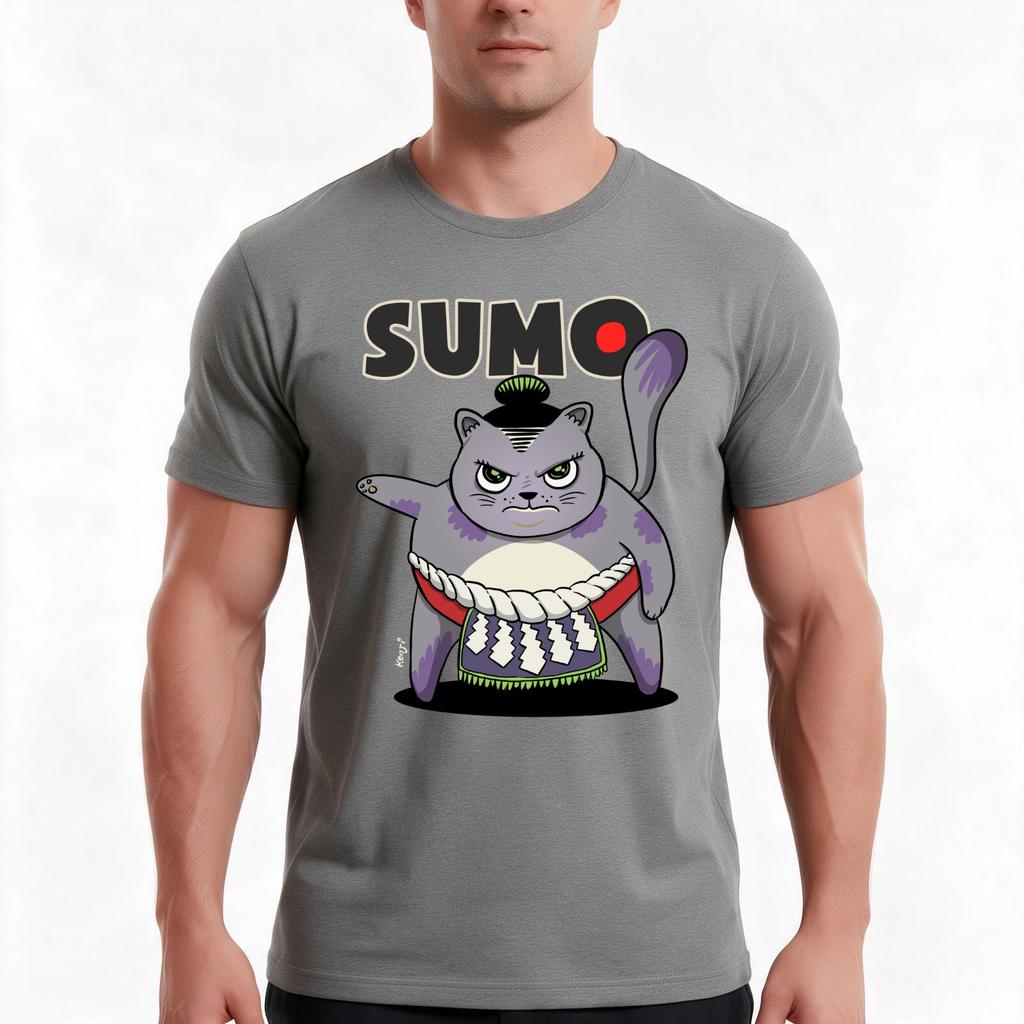 Sumo Wrestler Cat Yokozuna Neko Gray Tshirt Summer Casual Cotton Tee Oversized Streetwear Tops Vintage Graphic Print
