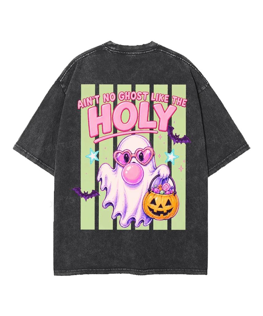 Pink Bubblegum Ghost Ain't No Ghost Like The Holy Vintage Washed T-Shirt Men Women Oversized Short Sleeve Crew Neck Retro Casual