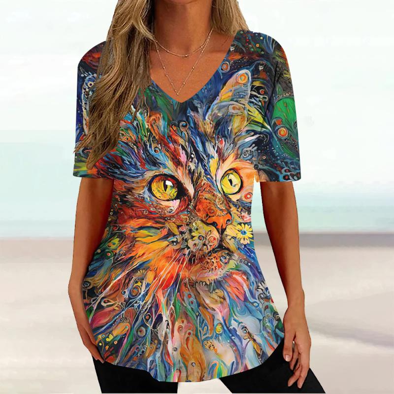 2023 модная женская одежда, топы с короткими рукавами и 3d цветным принтом кошки, повседневные уличные пуловеры, летние женские футболки больших размеров