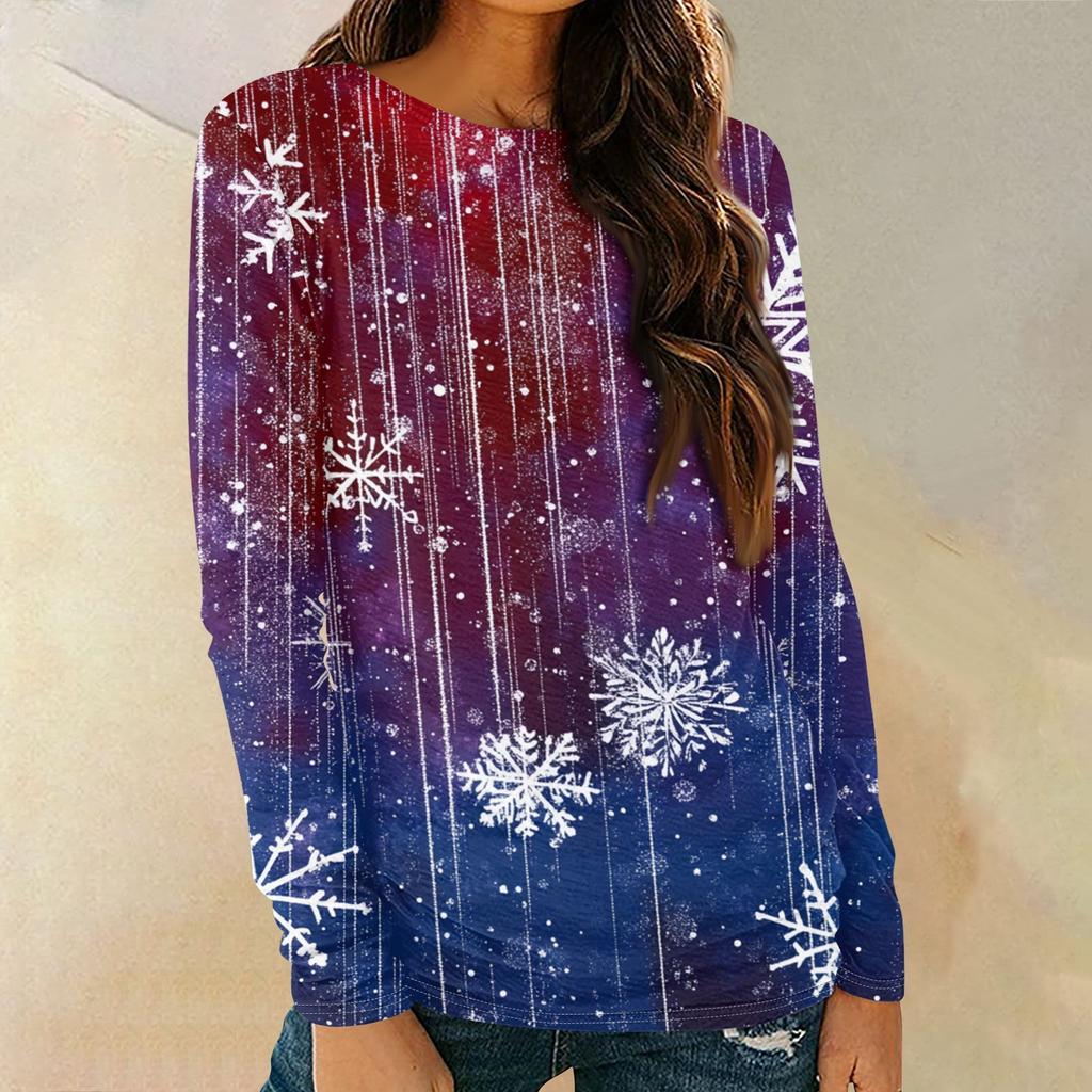 Женская мода круглый вырез пуловер с глубокими рукавами футболка с рождественским принтом топ