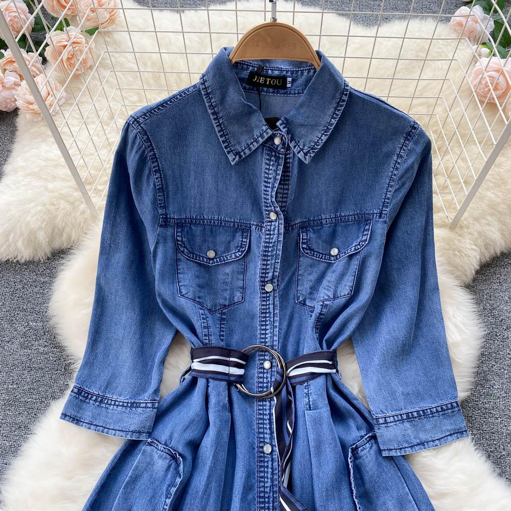 RUGOD Джинсовое платье, весеннее новое женское модное платье в западном стиле с длинными рукавами и высокой талией, нестандартное платье длиной до колена с большим качелем