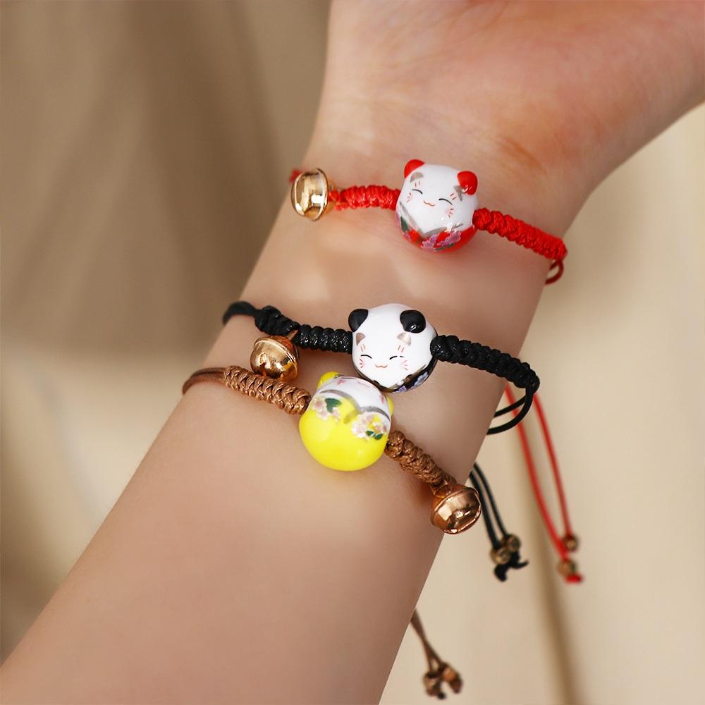 Ceramic Cat Pendant Chinese Style Jewelry Red Braided Rope Women Hand Ring Maneki Neko Bracelet