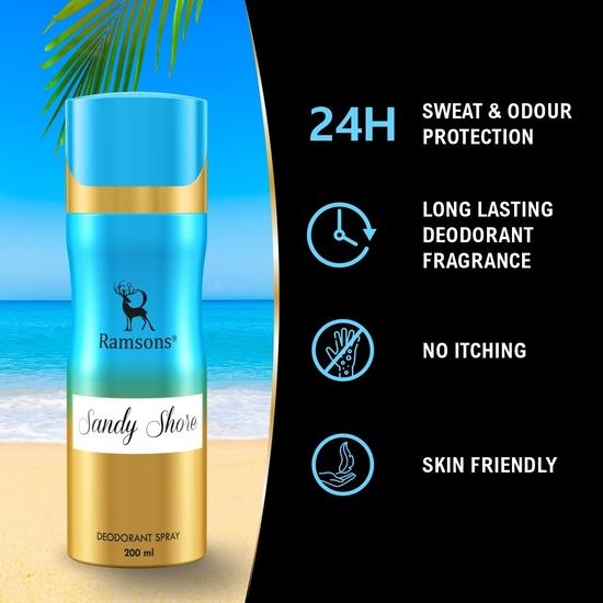 Ramsons - SANDY SHORE Deodorant Spray | 200 ML | Body Perfume For Women | TN - Mint, Mandarin Orange, Lemon | MN - Sea Grass, Ginger| BN - Musk