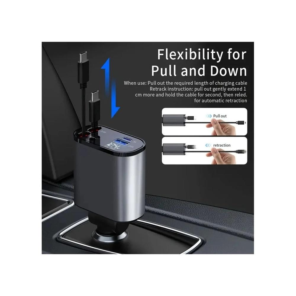 Car Charger - Fast Charging 4-in-1 Adapter with Collapsible Lightning & Type C Cables Dual USB Ports & Voltage Display - Compatible with iPhone iPad