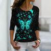 Women Autumn Tops Loose Butterfly Peach Blossom Print Causal Long Sleeve T-shirt Top Blouse