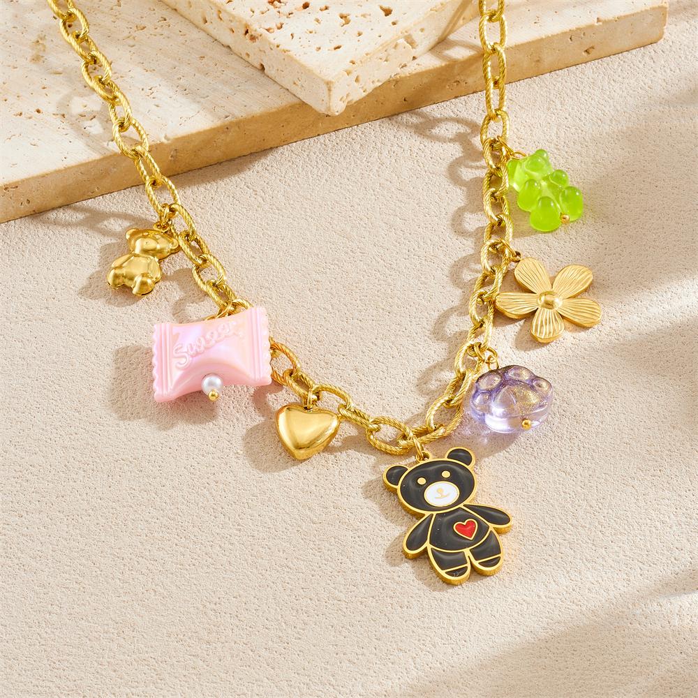 DIEYURO 316L Stainless Steel Black Cute Enamel Bear Heart Candy Flower Necklace Lady New Fashion Neck Chain Vacation Jewelry