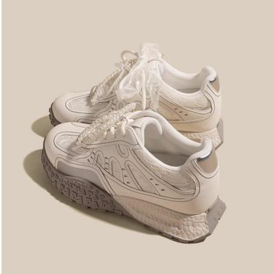 Ретро круглый носок нишевое кружево внахлест жемчужная пряжка толстая подошва увеличивающая рост женские новые универсальные повседневные