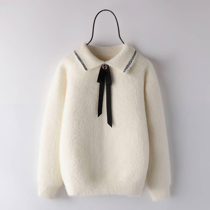 Норковый бархат для девочек, теплые свитера, нижняя рубашка, детская одежда с длинным рукавом, модная стильная одежда, зимняя одежда с галстуком-бабочкой, трикотажные наряды