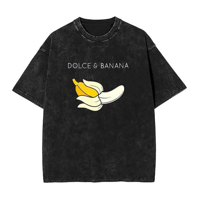 Harajuku Washed T Shirt Yellow Banana Cotton T-shirts Fruit Funny Trending Tee Shirt for Men Beach Y2K Basic Design Tops