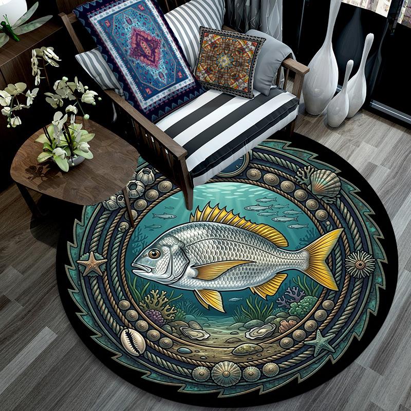 Marine Life Emblem Round Area Rug Under Office Chairs Bedroom Living Room Home Decor