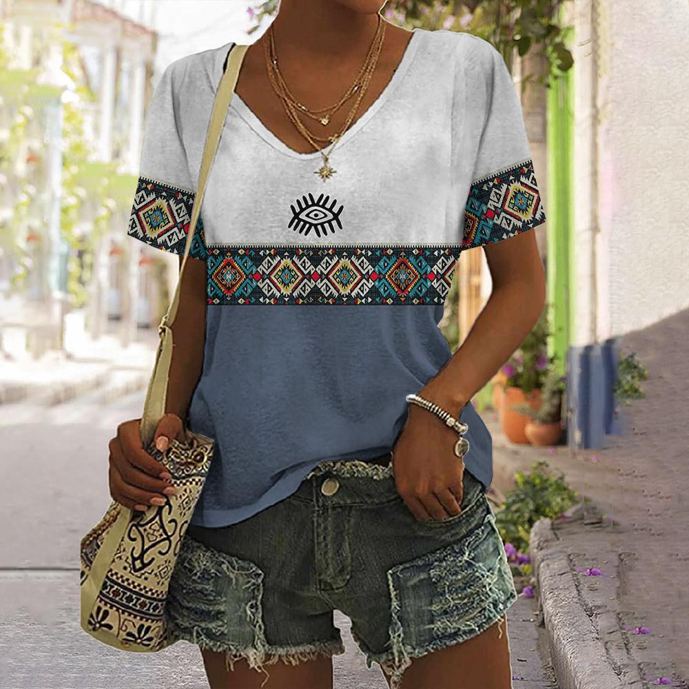 2025 Vintage Shirt for Women Totem Printed Ethnic Style Women's Clothing Summer Casual Short Sleeved Tops Tees Oversized T-Shirt