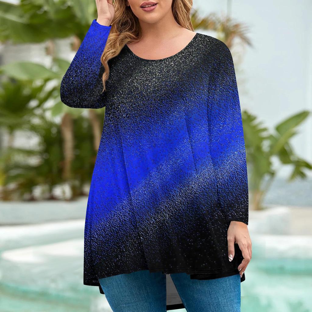 Women's Fashion Large Size Round Neck Long Sleeve Casual Print Loose Pullover Top