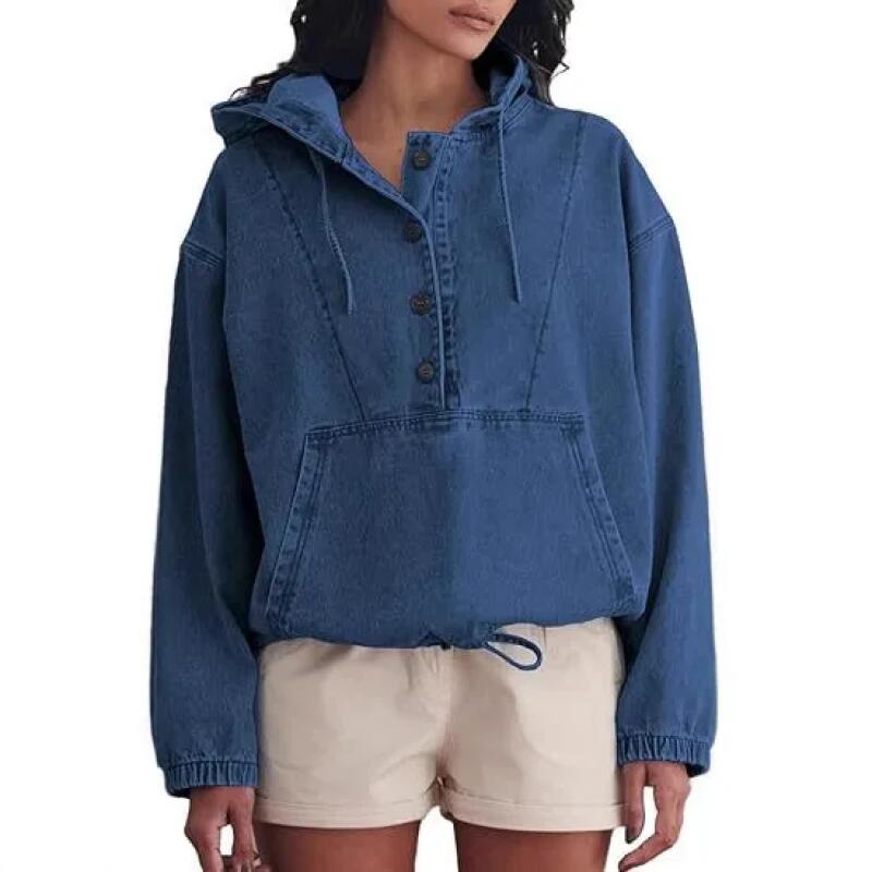 Women Denim Hoodies Button Pockets Vintage Streetwear Autumn Winter Female Hooded Sweatshirts Ladies Casual Loose Pullover Tops