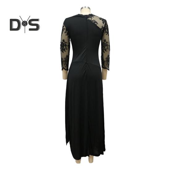 Women Evening Dress See-through Mesh Patchwork Half Sleeves Slim Fit Floral Embroidery Ruffle Pleated Full Length Prom Party Maxi Dress