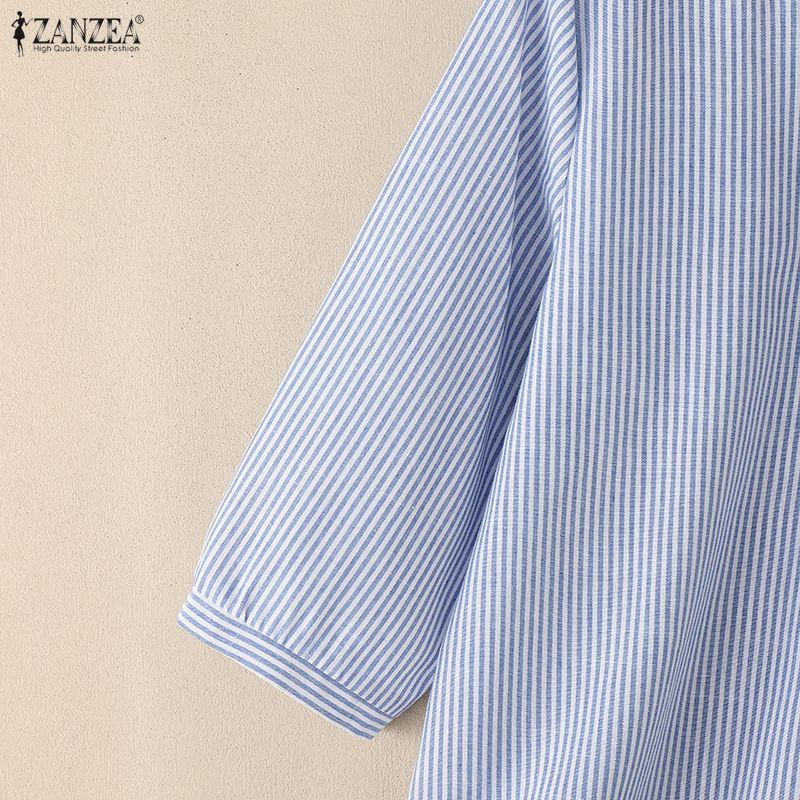 ZANZEA Women Casual V-Neck 3/4 Sleeve Loose Stripe Blouse