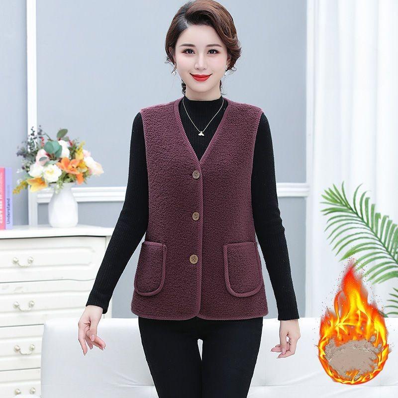 Women's Autumn and Winter Solid Color Plus Size Loose Thickened Warm Vest Elderly Leisure Temperament Sleeveless Jacket
