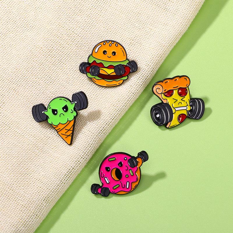 Новая Коллекция Эмалевых Брошей Statement Fitness Food Man: Пицца, Мороженое, Гантели, Гамбургер, Пончик, Штанга