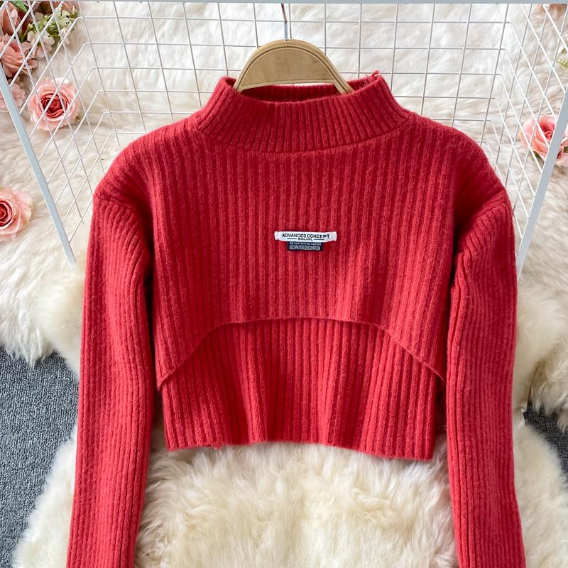 Тонкое облегающее платье на бретельках, комплект из 2 предметов, женский костюм, осенний корейский воротник-стойка, короткие пуловеры с длинными рукавами, повседневный трикотаж