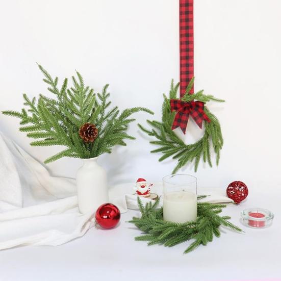6 Pcs Mini Christmas Wreaths Artificial Norfolk Pine Wreath Small Cabinet Wreath with Bow for Kitchen Window Front Door Holiday Decor