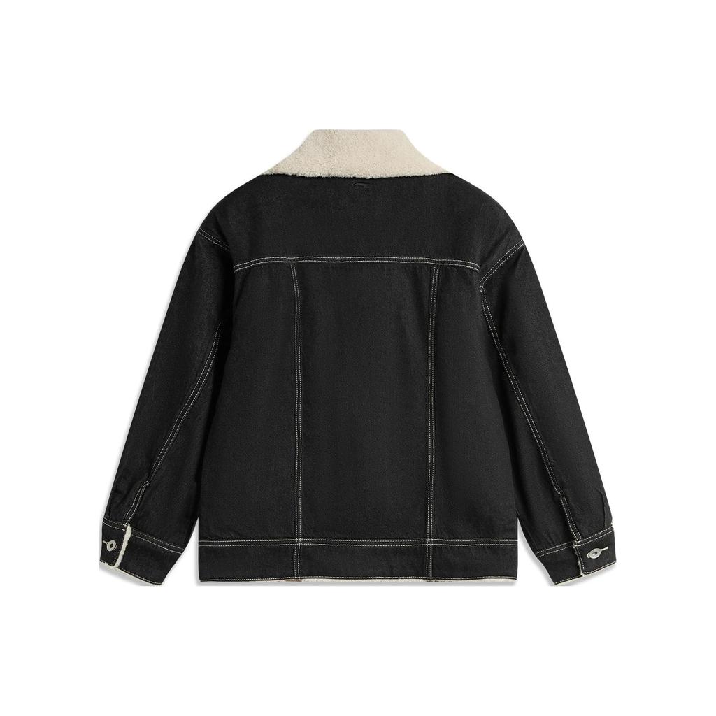 Li Ning Sports Lifestyle Series Solid Color Faux Lamb Fleece Warm Loose Washable Denim Jacket Women Jacket Deep-Black-Denim AJDT628-2