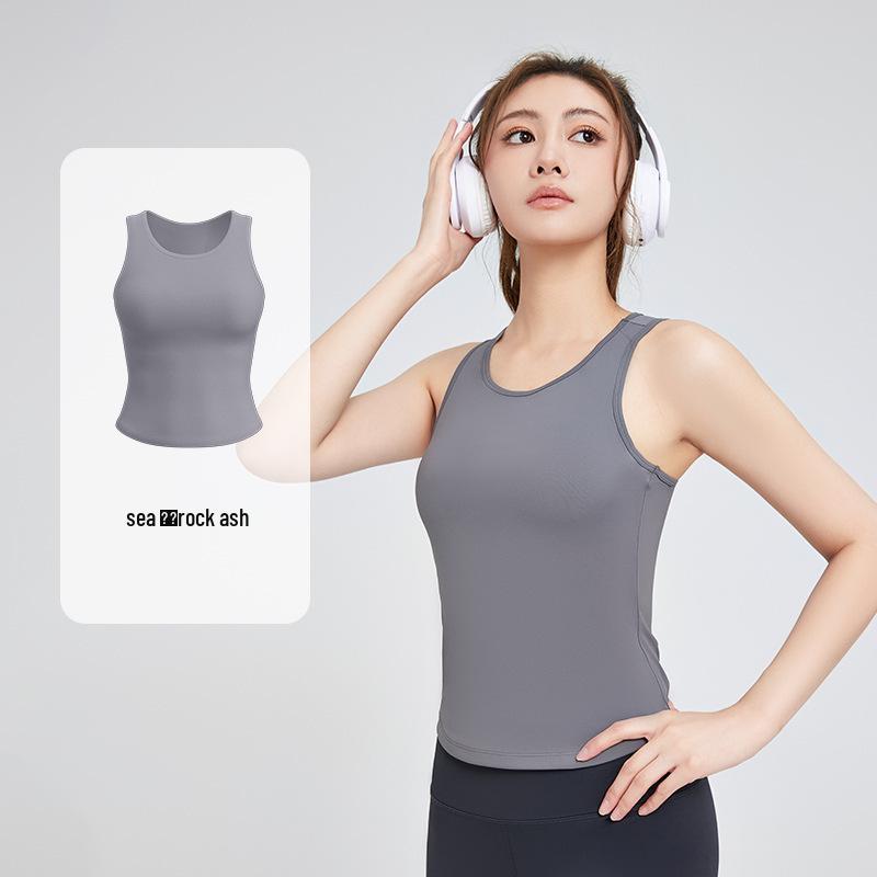 Персиковый топ для йоги со встроенным бюстгальтером: Высокоэластичный, С фиксированными чашками, Облегающий, Защита от обнажения, Не смещается, Спортивный топ с круглым вырезом.