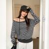 Long Sleeve Oversized Knitted Sexy Off the Shoulder Stripe Casual Loose Spring Autumn T Shirt Tops Women T-shirt
