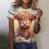 Cute Cow Donkey Pattern Women's T-shirt Flower Animal 3D Printing T-shirt Summer Fashion Street T-shirt Round Neck Top Short Sleeve